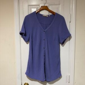 Soft Surroundings Cotton Gauze Button Front Top Large Purple Short Sleeve Blouse